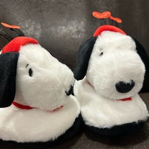 Plush White & Black Snoopy Dog Slippers with Red Heart Headband Accents